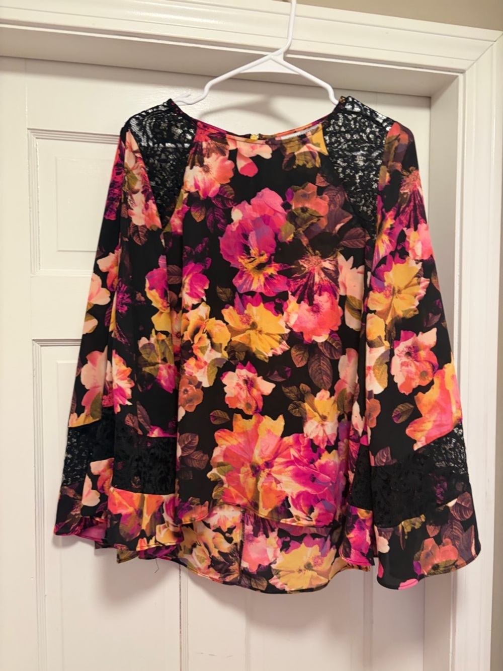 Floral Lace-Accent Blouse - Black with Pink & Yellow Flowers